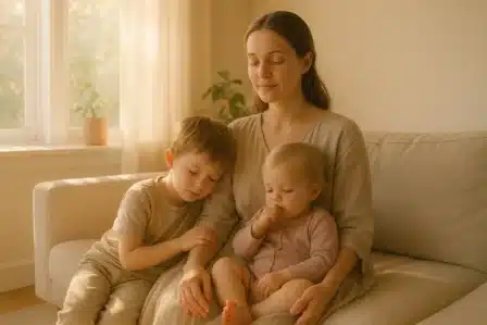 Spokojna mama z dwójką dzieci w słonecznym pokoju, poczucie bezpieczeństwa i miłości