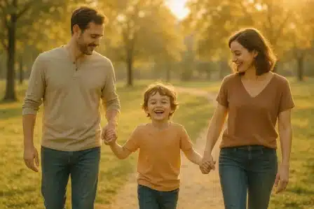 Rodzice trzymaja za rece szczesliwe dziecko w parku